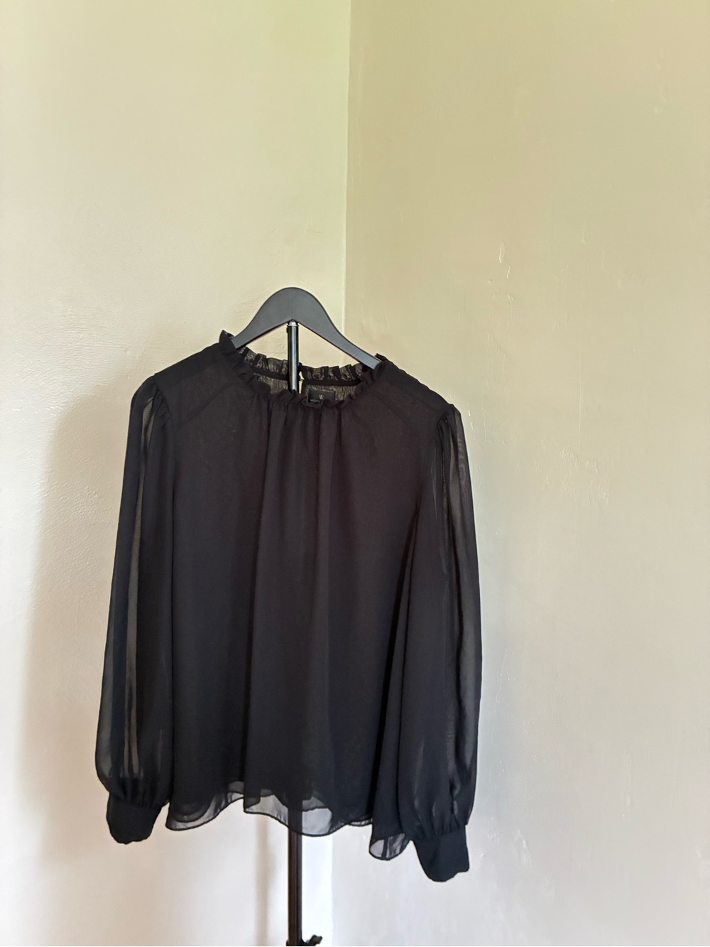 Worthington Black Sheer Long-Sleeve Ruffle Collar Blouse